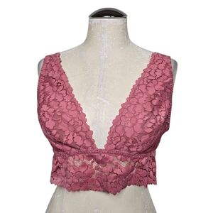 La Senza XL Mauve Pink Floral Lace Bralette Deep V Sheer Scalloped Trim